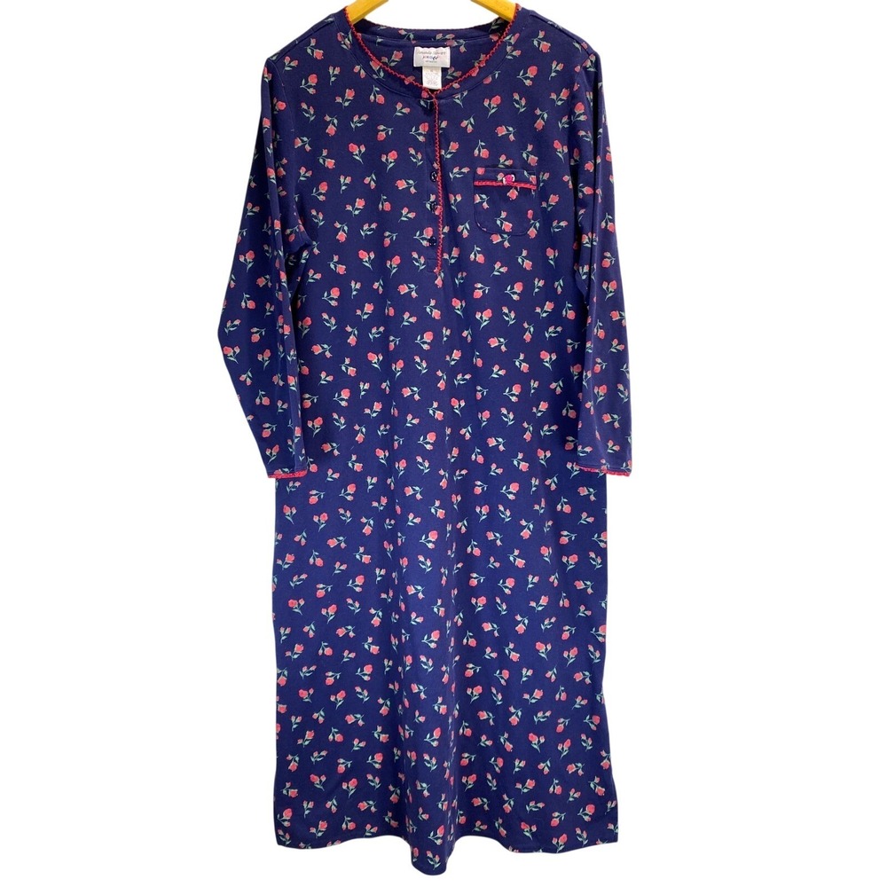 Amanda Stewart Intimates Nightgown XL Navy Blue Red Rose Floral Cotton Blend L/S